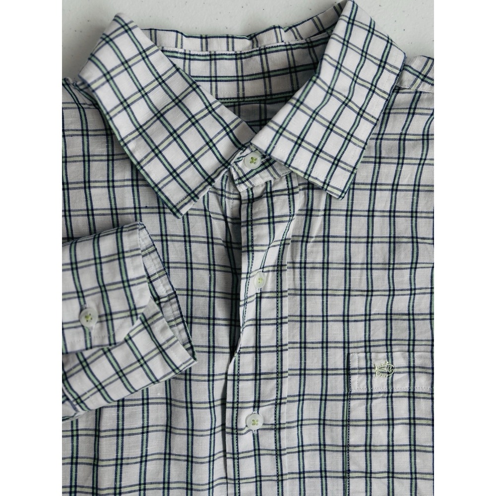 Southern Tide Men's Large Green White‎ Check Linen Blend Long Sleeve Button Up